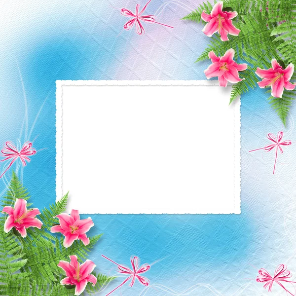 Cartão de convite ou congratulação com lírios rosa — Fotografia de Stock