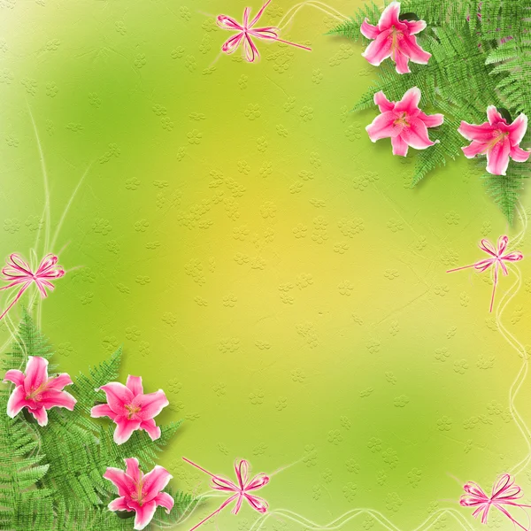 Kartu untuk undangan atau ucapan selamat dengan bunga lili merah muda — Stok Foto
