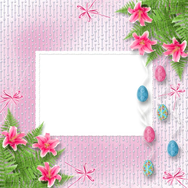 Pastel background with colored eggs and lilies to celebrate East — 스톡 사진
