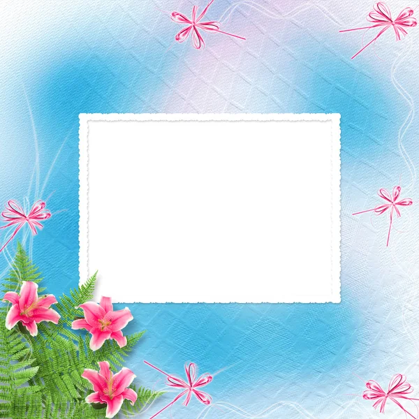 Card for invitation or congratulation with pink lilies — Stok fotoğraf