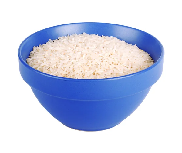 stock image Uncooked basmati rice in a ceramic blue bowl on white isolated b