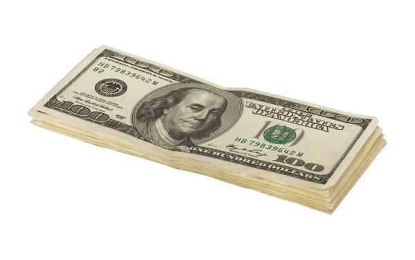 Empilement de billets de cent dollars des États-Unis isolés sur fond blanc . — Photo
