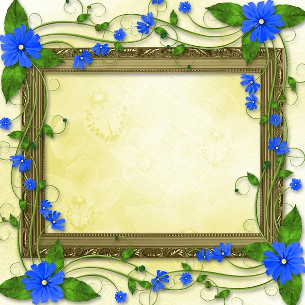 Dřevěný rám ve viktoriánském stylu s modrými květy — Stock fotografie