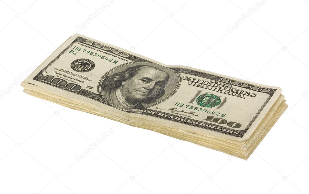 Stack of US Hundred Dollar Bills Isolated on White Background.