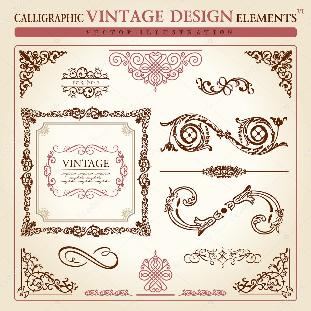 Calligraphic elements vintage ornament set. Vector frame