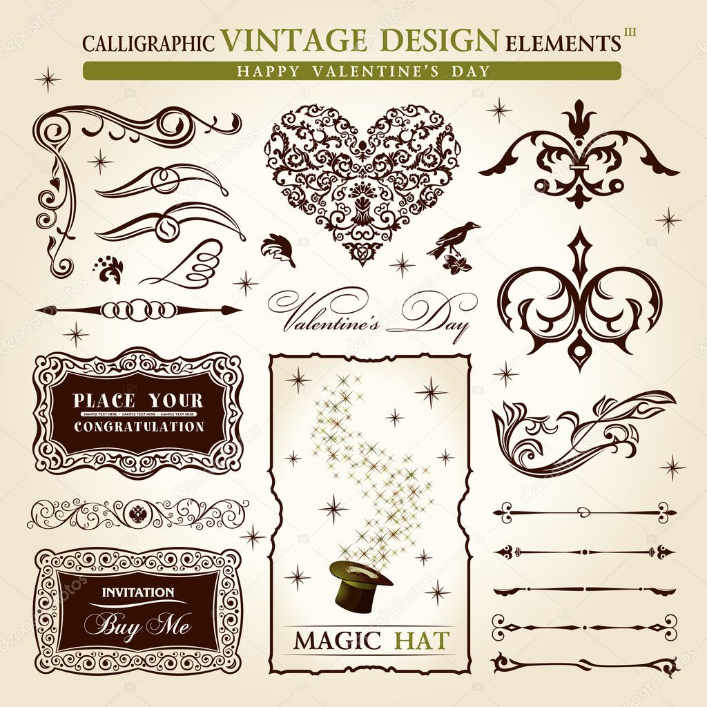 Calligraphic elements vintage vector set. Happy valentine day