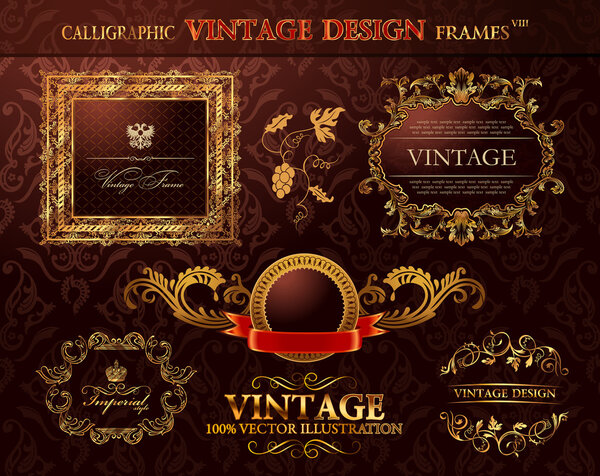 Vintage gold frames ornament set. Vector element decor