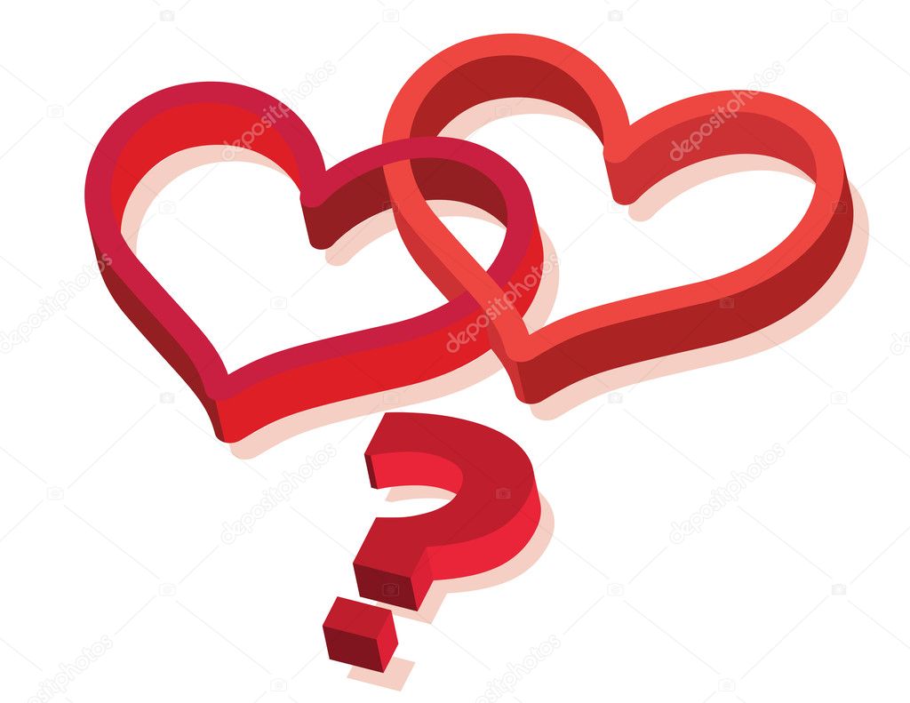 Two hearts with question mark sign as real love metaphor - vector illustration