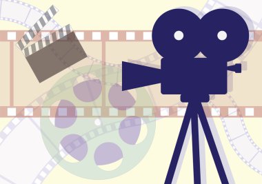 Movie Camera, clapboard and films collage. Vector EPS illustration. clipart