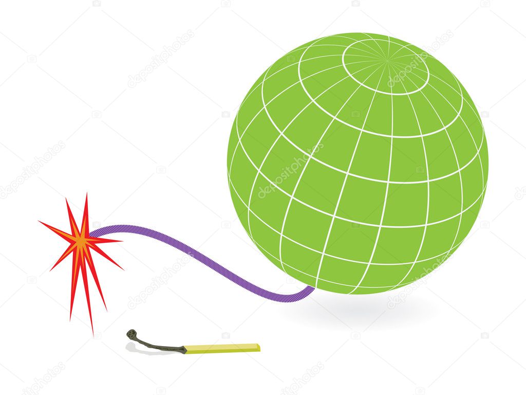 Burned match, globe and firing cord. Abstract world peace danger concept illustration. Layered EPS vector file.
