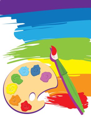 Paintbrush, palette on rainbow color painted canvas. Vector illustration. Brush, palette and painted canvas are layered. clipart