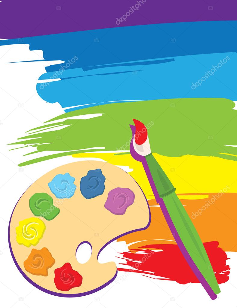 Paintbrush, palette on rainbow color painted canvas. Vector illustration. Brush, palette and painted canvas are layered.