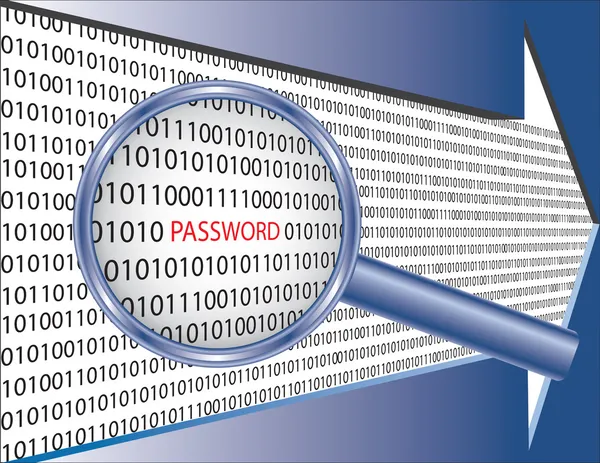 Codice binario e password sotto lente d'ingrandimento — Vettoriale Stock