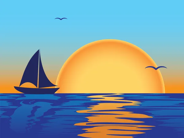 Sea sunset with boat silhouette — Stock Vector