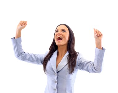 Success woman screaming of joy coming out from the side. clipart