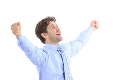 One very happy energetic businessman with his arms raised clipart