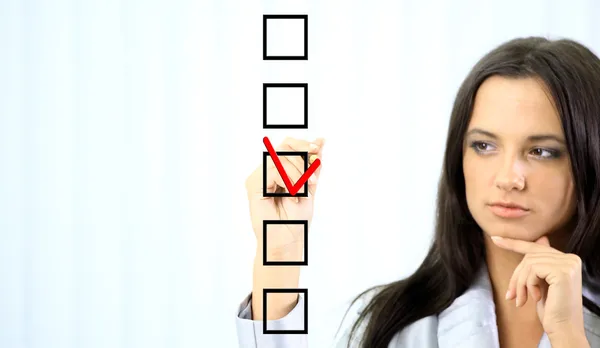 Woman choosing one of three options — Stock Photo, Image