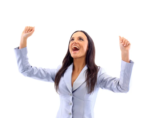 Success woman screaming of joy coming out from the side. — Stock Photo, Image