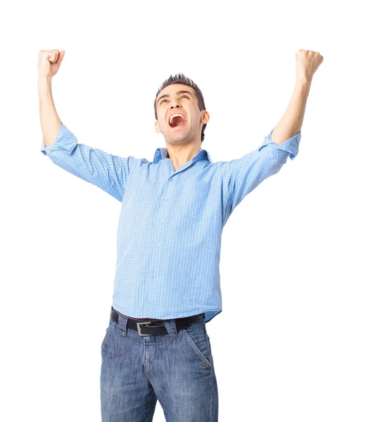 Portrait of a very happy young man with his arms raised — Stock Photo, Image