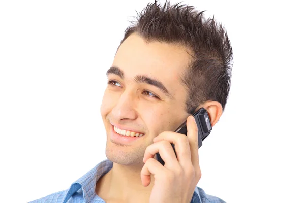 Closeup portrait of a happy young businessman talking on mobile phone — Stock Photo, Image