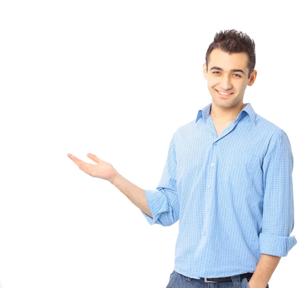 Счастливый молодой бизнесмен представляет на белом фоне — стоковое фото