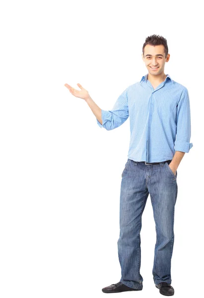 Unga vuxna manlig modell i blå skjorta och gul halsduk, håller sin rätt ha — Stockfoto