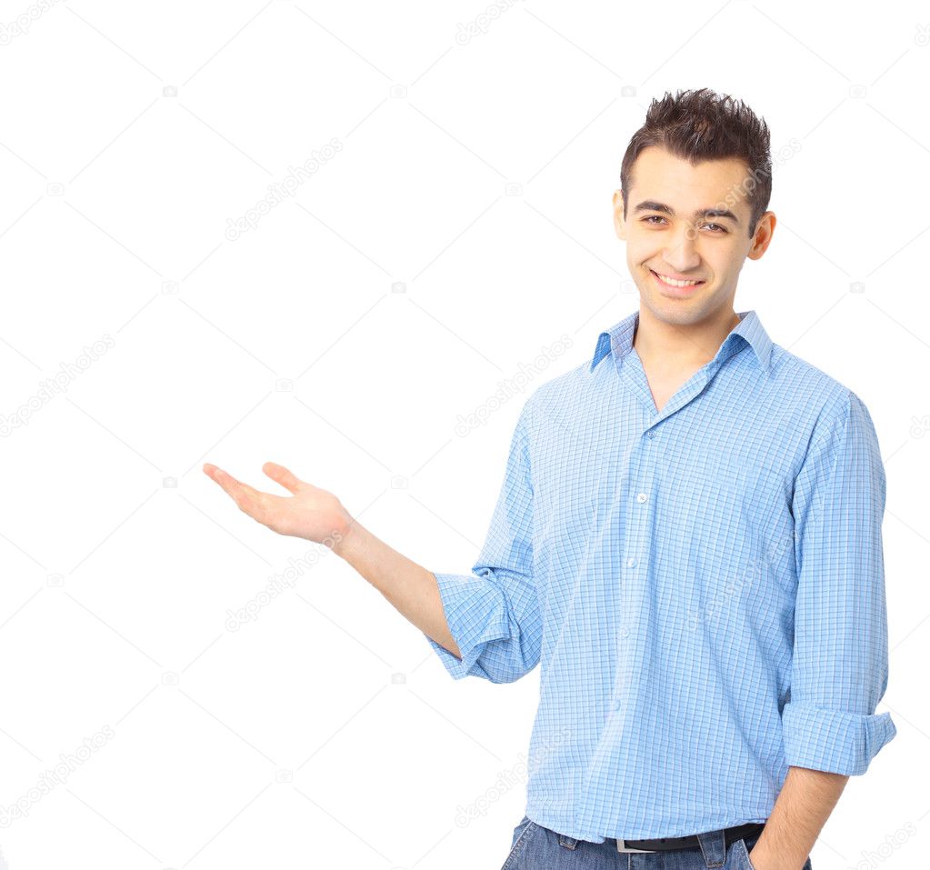 Happy young business man presenting over a white background