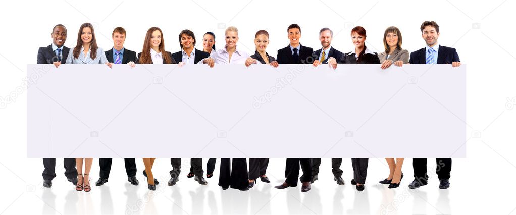 Business team with a banner isolated over a white background