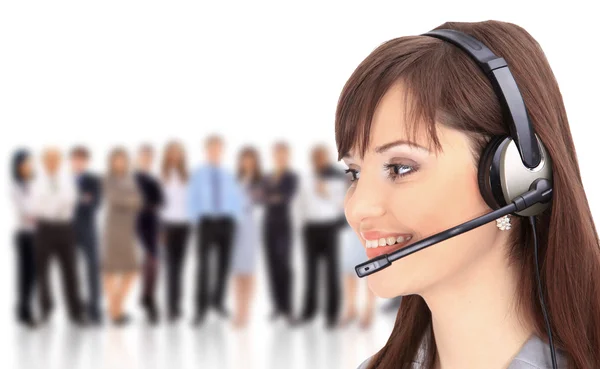 Vrouw met hoofdtelefoon in kantoor; zou receptioniste — Stockfoto
