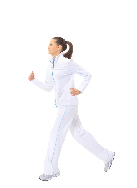 Жінка біжить ізольовано на білому — стокове фото