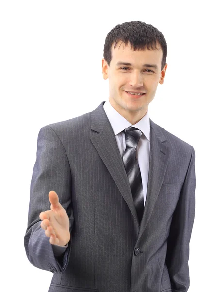 Πορτρέτο του ένας όμορφος νεαρός άνδρας σε ένα επαγγελματικό κοστούμι έτοιμο να τινάξει κάποιος — Φωτογραφία Αρχείου