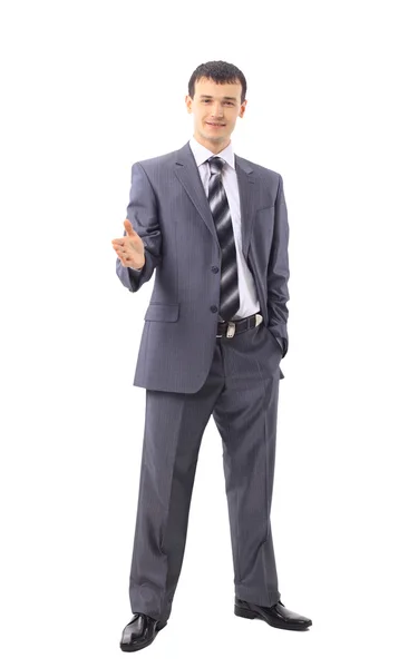 Πορτρέτο του ένας όμορφος νεαρός άνδρας σε ένα επαγγελματικό κοστούμι έτοιμο να τινάξει κάποιος — Φωτογραφία Αρχείου