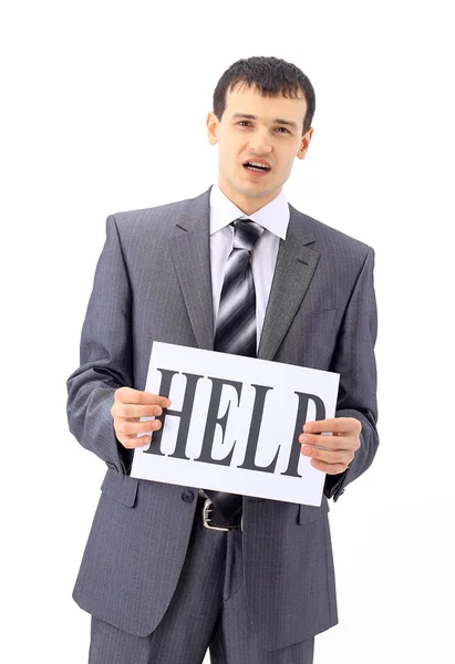 Homme d'affaires sans emploi avec panneau en carton blanc, isolé sur fond blanc — Photo
