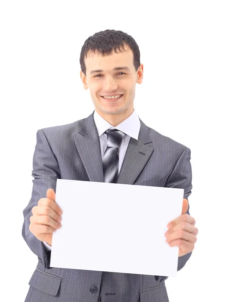 Jovem empresário mostrando tabuleta, isolado em fundo branco — Fotografia de Stock