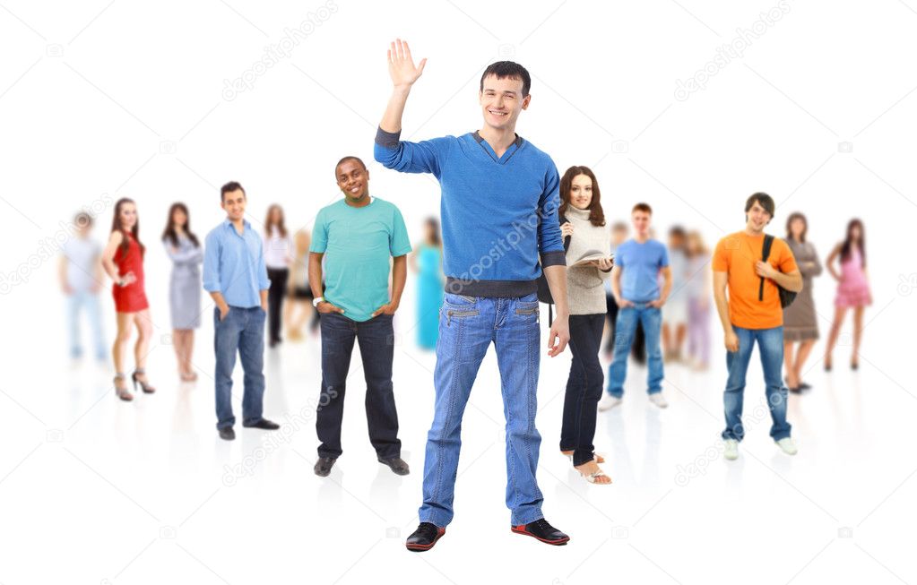 Group of casual happy smiling and standing isolated over a white bac