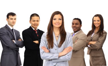 Businesswoman smiling holding a portfolio with her teamwork behind isolated clipart