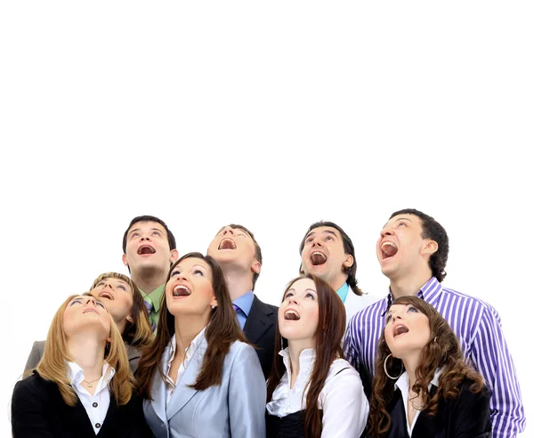 Closeup portrait of many men and women smiling and looking upwards — Stock Photo, Image