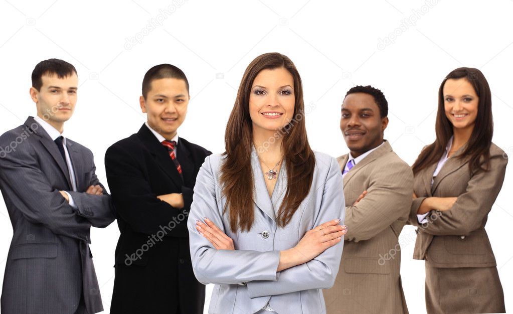 Businesswoman smiling holding a portfolio with her teamwork behind isolated