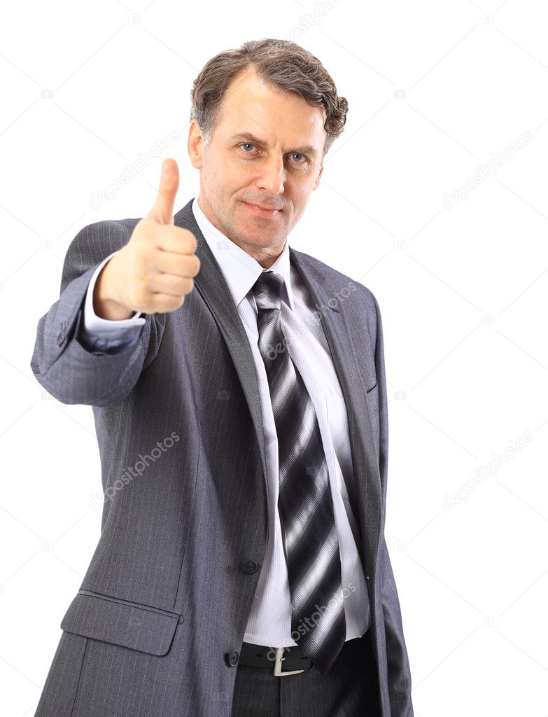 Business man going thumb up, isolated on white