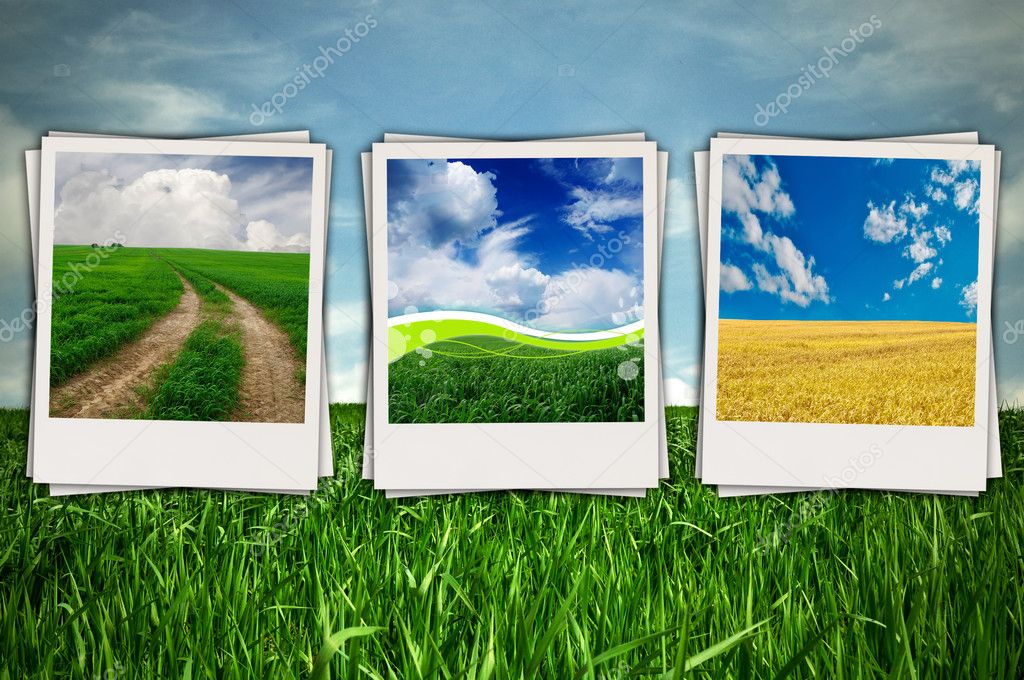 Beautiful Sceneries in Photos on Green Field Background