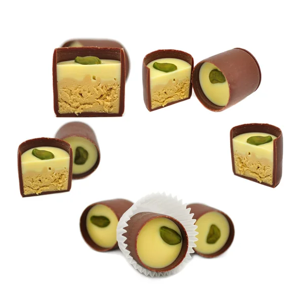 Conjunto de Doces de Chocolate Isolados em Fundo Branco — Fotografia de Stock