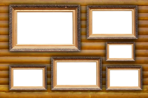 Six Blank Frames Hanging Wooden Wall — Stock Photo, Image