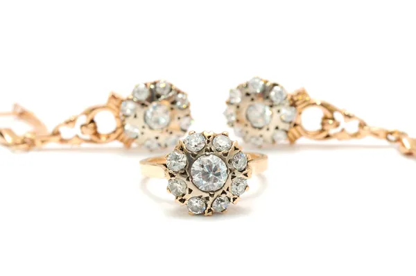 Set Gold Ring Earrings Diamonds Isolated White Background — Stock Photo, Image