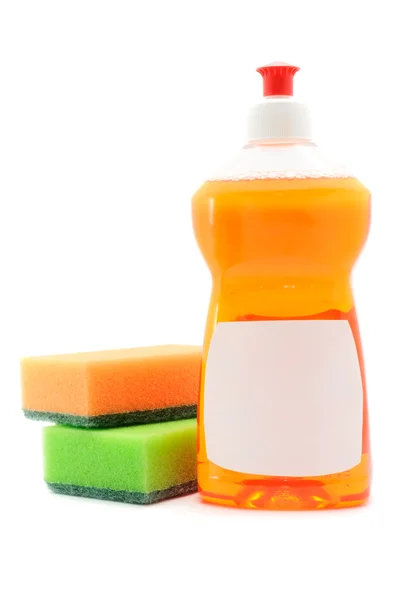 Flaska Maträtt Tvätt Vätska Med Tom Etikett Och Svampar Isolerad — Stockfoto