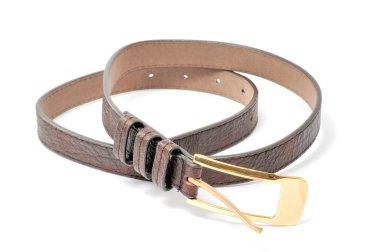 A brown leather belt with a golden buckle isolated on a white background clipart