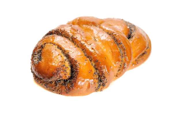 Een Broodje Met Maanzaad Geïsoleerd Een Witte Achtergrond — Stockfoto