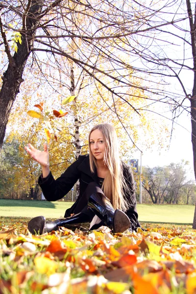 शरद ऋतु पार्क में सुंदर युवा महिला — स्टॉक फ़ोटो, इमेज