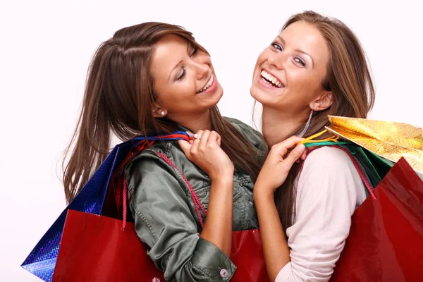 Twins Sisters Holding Shopping Bags White Isolated — Stock Photo, Image