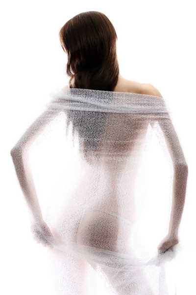 Anonymous Nude Girl Silhouetted Sheer Cloth — Stock Photo, Image