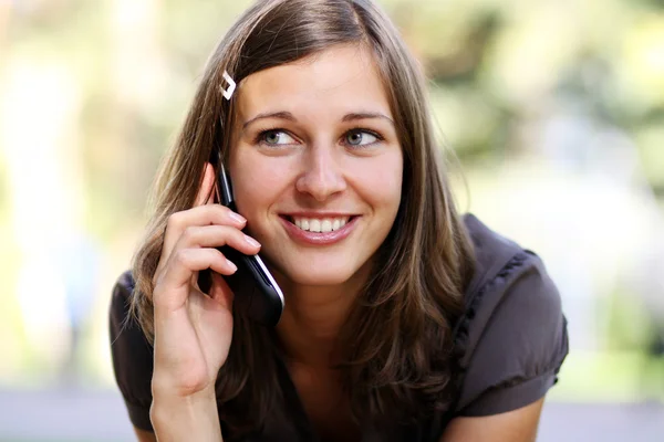 Happy Young Lady Talking Mobile Phone — Stock Photo, Image